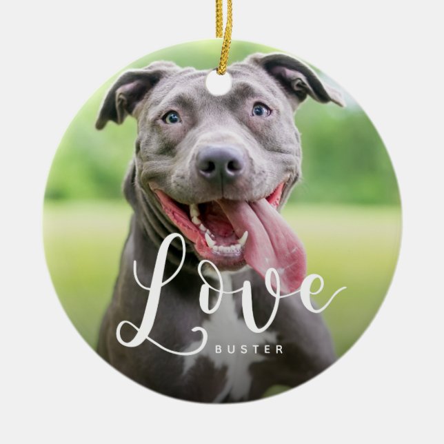 Cute Pet Photo Love Typography Script Ceramic Ornament (Front)