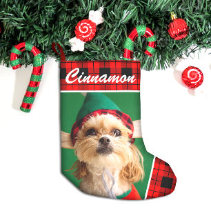 Cute Pet Photo Name Plaid Small Christmas Stocking