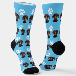 Cute Pet Photo Pattern Light Blue & White Paw Socks