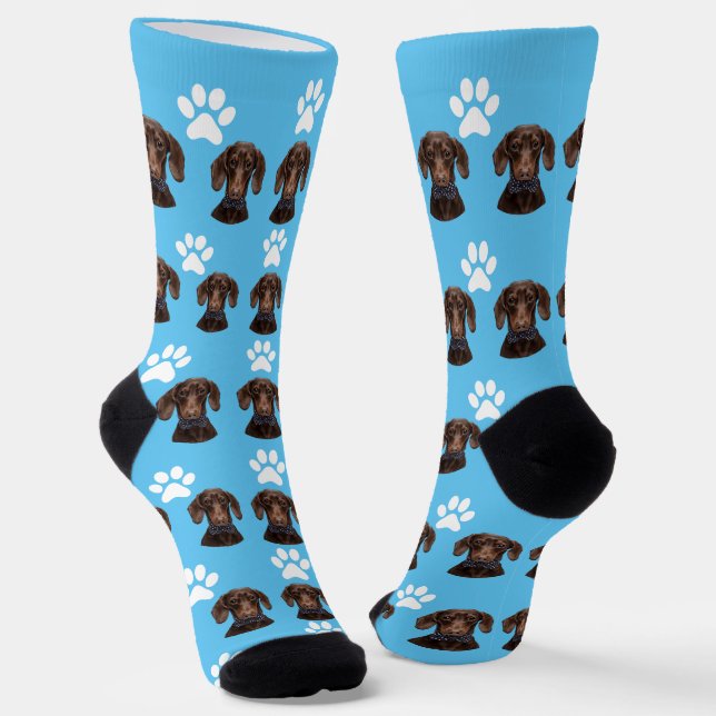 Cute Pet Photo Pattern Light Blue & White Paw Socks (Angled)