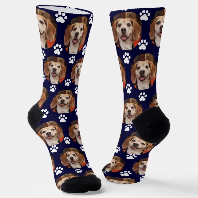  Cute Pet Photo Paw Print Custom Navy Socks (Angled)