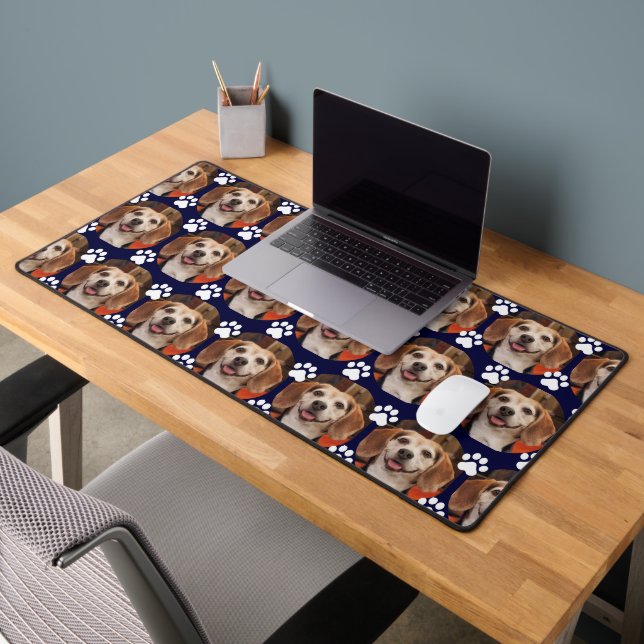 Cute Pet Photo Paw Print Navy Gaming Desk Mat (Office 2)