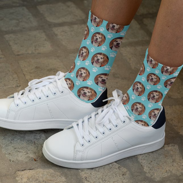 Cute Pet Photo Paw Print Turquoise Cat Dog Socks (Creator Uploaded)