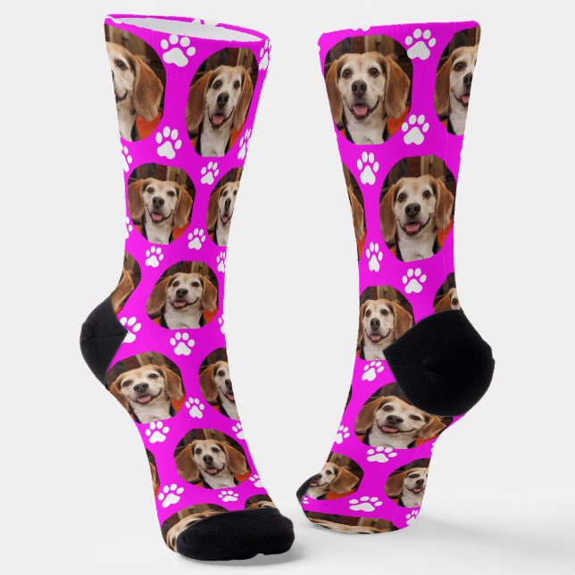 Cute Pet Photo & Paw Prints Bright Pink Dog Cat  Socks (Angled)
