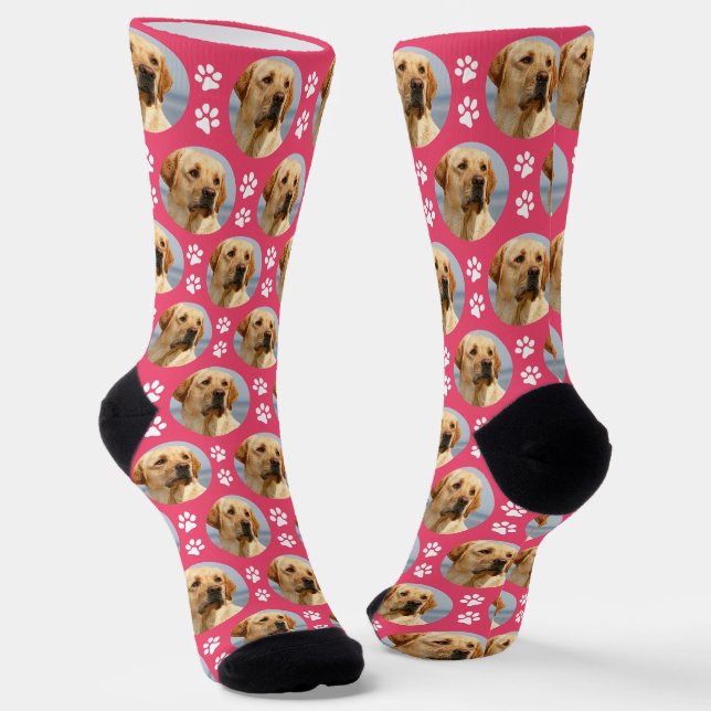 Cute Pet Photo Paw Prints Custom Pink Novelty Dog Socks (Angled)