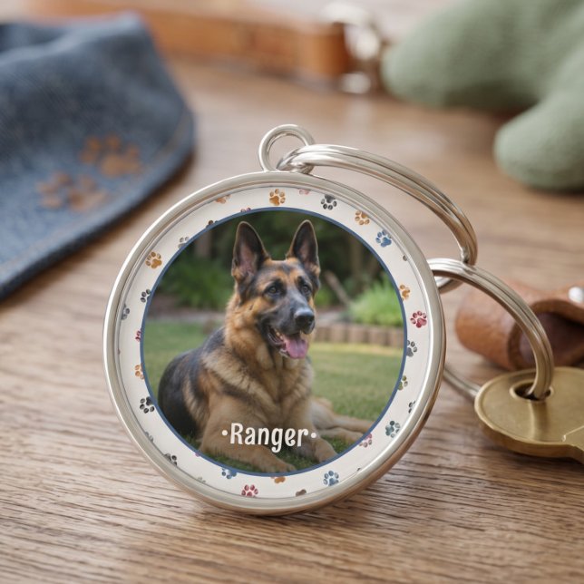 Cute Pet Photo Paw Prints Keepsake Key Ring (Creator Uploaded)