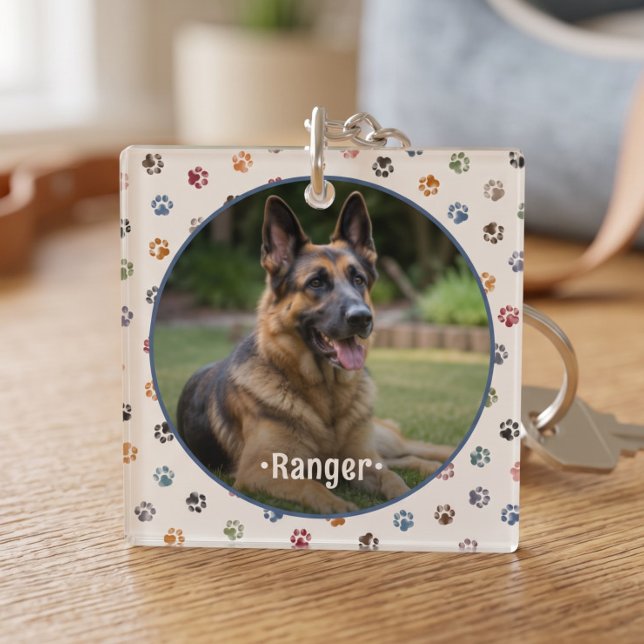 Cute Pet Photo Paw Prints Keepsake Key Ring (Creator Uploaded)