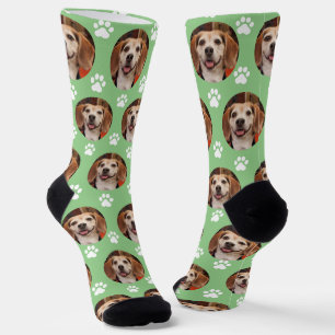 Cute Pet Photo & Paw Prints Sage Green Dog Cat Socks