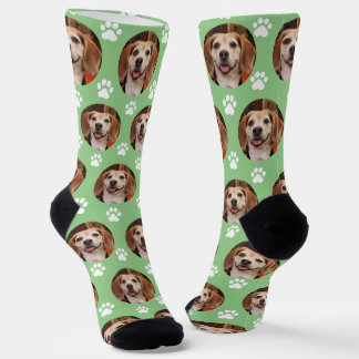 Cute Pet Photo & Paw Prints Sage Green Dog Cat Socks