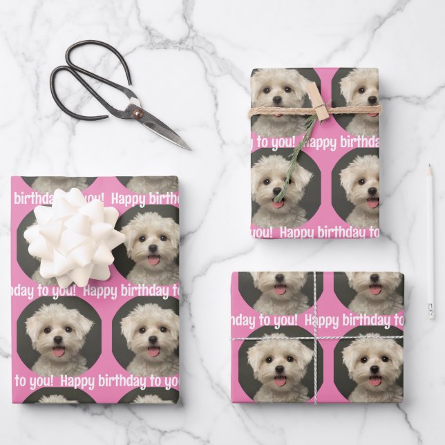 Cute Pet Photo Pink Happy Birthday Wrapping Paper Sheet (Front)
