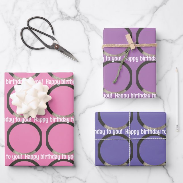Cute Pet Photo Pink Purple Lavender Birthday Wrapping Paper Sheet (Front)