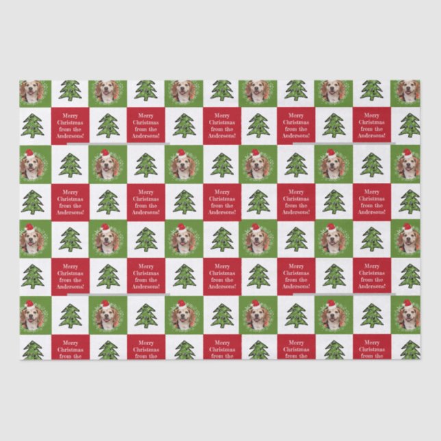 Cute Pet Photo Red Green Christmas Tree Your Name Tissue Paper (Front)