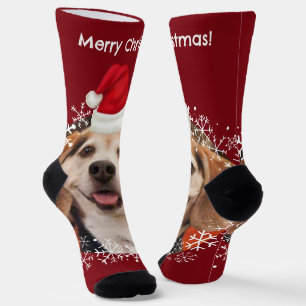 Cute Pet Photo Red Santa Hat Merry Christmas Socks