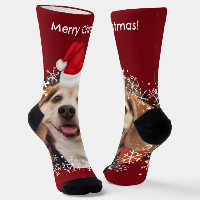 Cute Pet Photo Red Santa Hat Merry Christmas Socks (Angled)