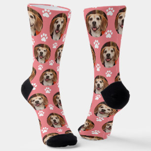 Cute Pet Photo Rose & White Paw Prints Custom Socks