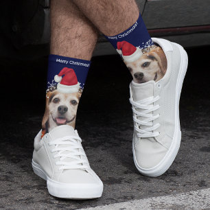 Cute Pet Photo Santa Hat Blue Christmas Socks