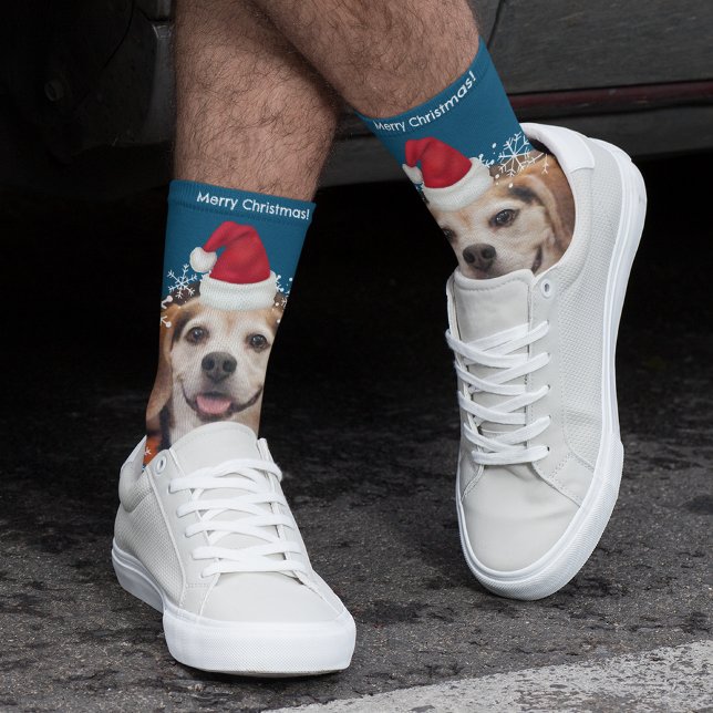 Cute Pet Photo Santa Hat Blue Christmas Socks (Creator Uploaded)