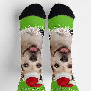 Cute Pet Photo Santa Hat Bright Green Christmas Socks