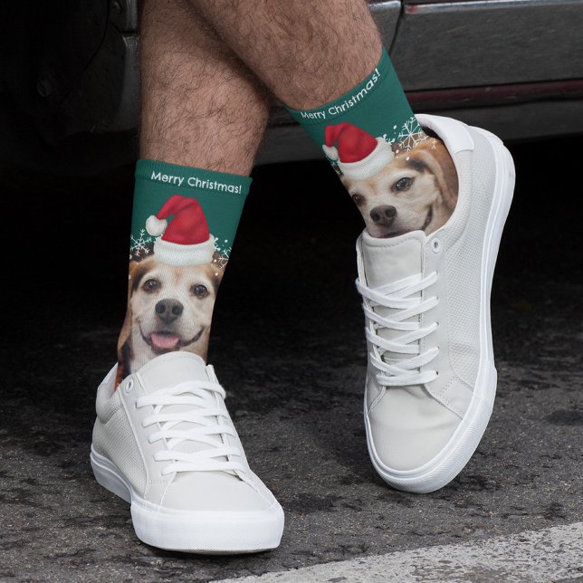 Cute Pet Photo Santa Hat Green Christmas Socks (Creator Uploaded)