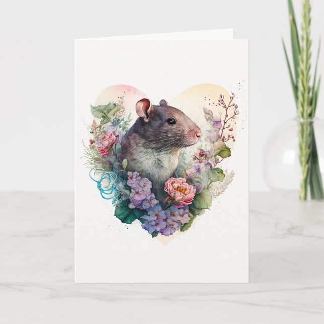 Cute Pet Rat in Purple Flowers Valentine's Day Holiday Card (Front)