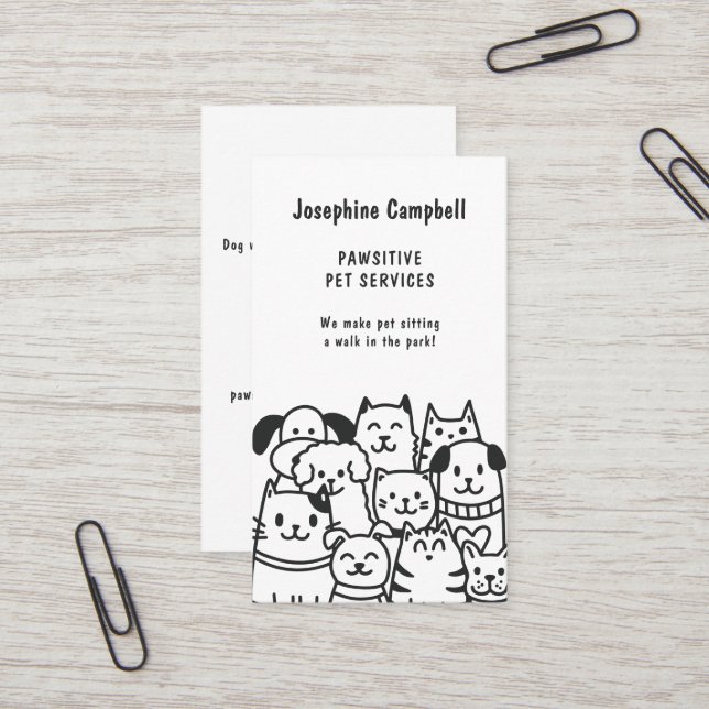 Cute Pet Sitter Dog Walker Groomer Black and White Business Card (Front/Back In Situ)
