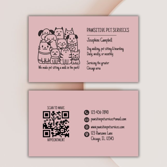 Cute Pet Sitter Pink Cat Dog QR Code Business Card (Creator Uploaded)