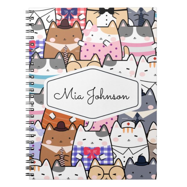Cute Pet Whimsical Kitten Cat Pattern Kids Name Notebook (Front)