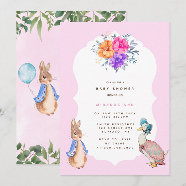 Cute Peter Rabbit Baby in Girl Shower Invitation (Front/Back)