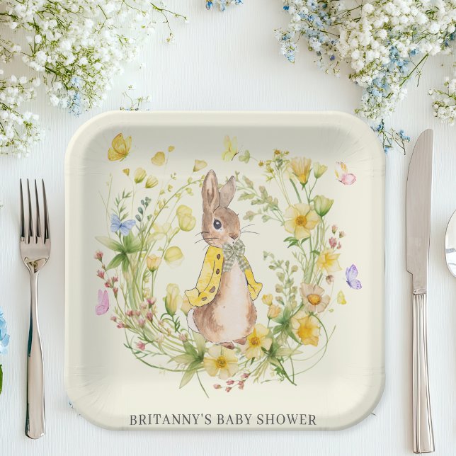 Cute Peter Rabbit Yellow Wildflower Baby Shower  Paper Plate (Creator Uploaded)
