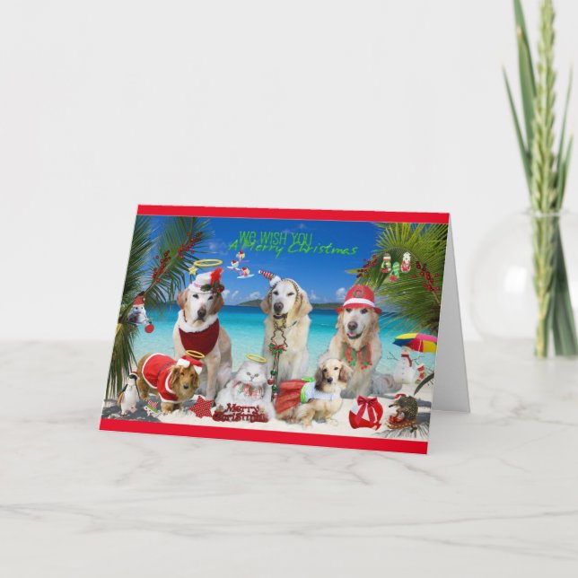 Cute Pets Celebrating Christmas at the Beach Holiday Card (Front)