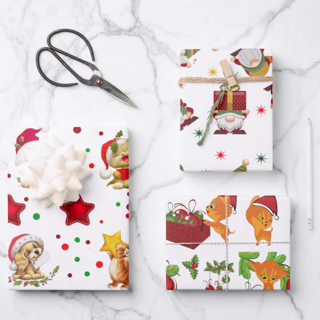 Cute Pets, kitten and Gnomes Wrapping Paper Sheets (Front)