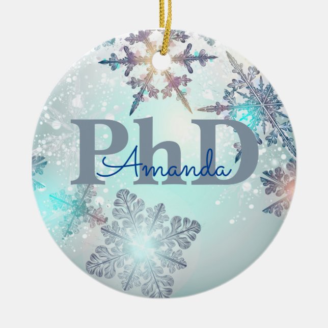 Cute PhD Graduation Personalised Name Blue  Ceramic Ornament (Front)