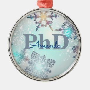 Cute PhD Graduation Personalized Name Blue Metal Ornament