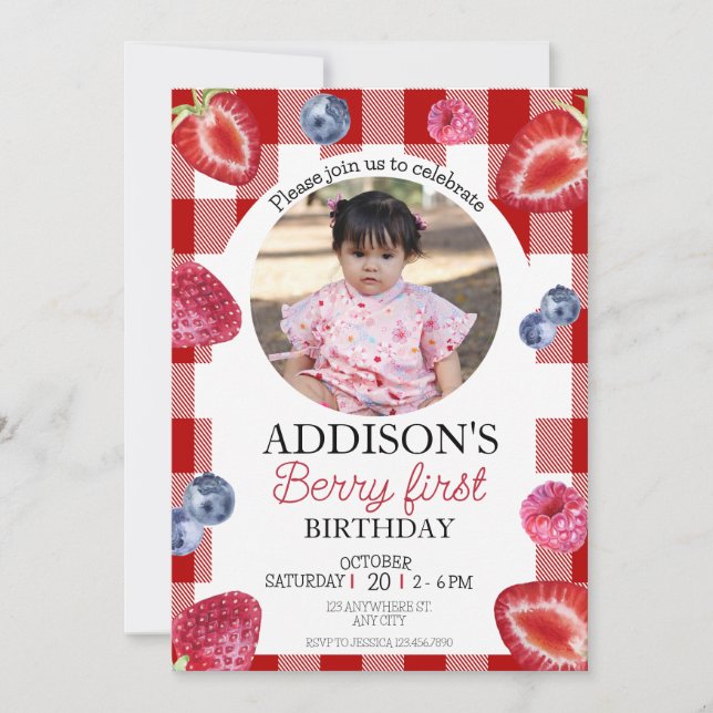 Cute Phooto Red Blue Berry Sweet 1st Birthday Invitation (Front)