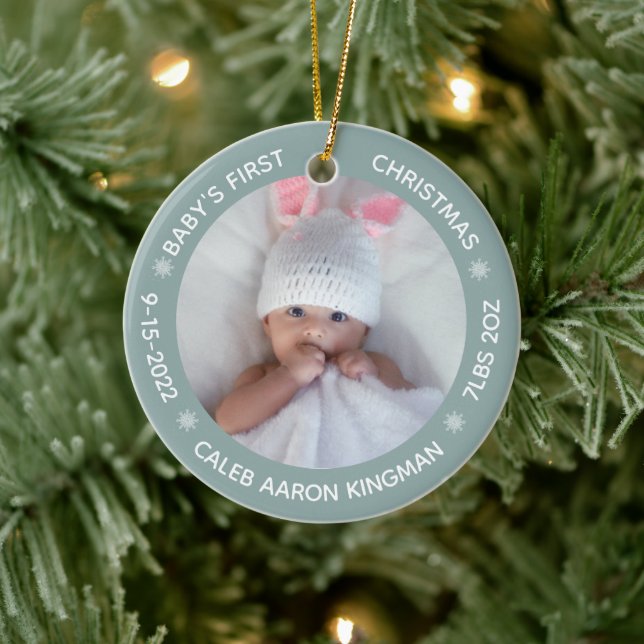 Cute Photo Baby's First Christmas Blue Ceramic Ornament (Tree)