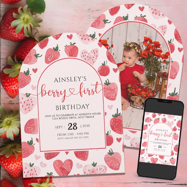 Cute Photo Berry First Birthday 1st birthday Invitation (Creator Uploaded)