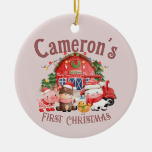 Cute Photo Christmas Farm Animals on Pink Ceramic Ornament