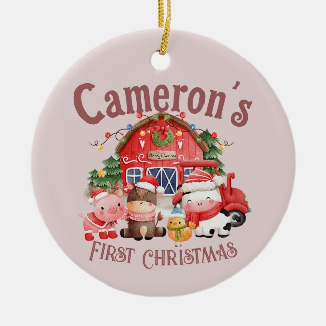 Cute Photo Christmas Farm Animals on Pink Ceramic Ornament (Front)