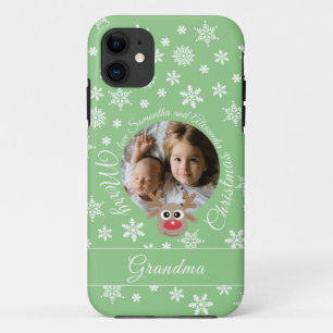 Cute Photo Christmas Reindeer White Script Teal iPhone 11 Case