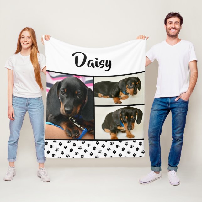 Cute Photo Collage Pet Dog Name Fleece Blanket (In Situ)