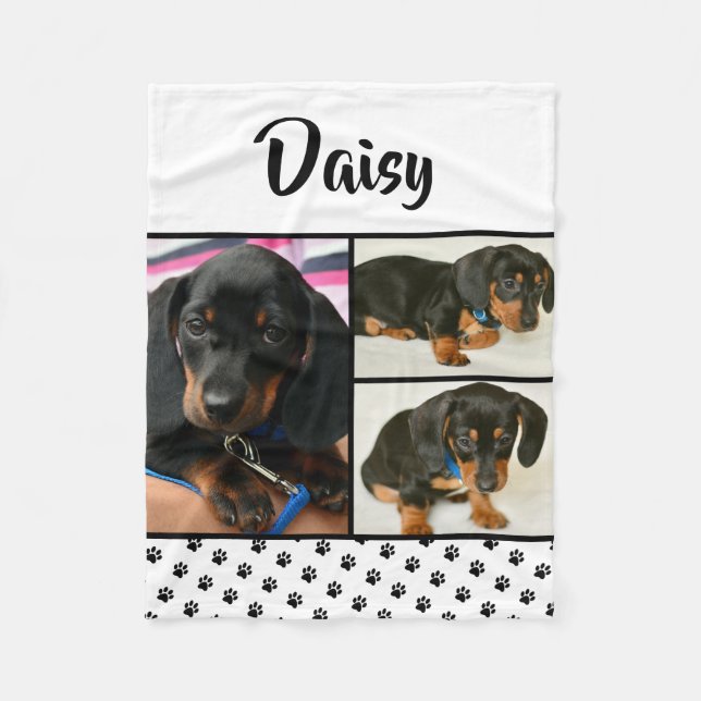 Cute Photo Collage Pet Dog Name Fleece Blanket (Front)