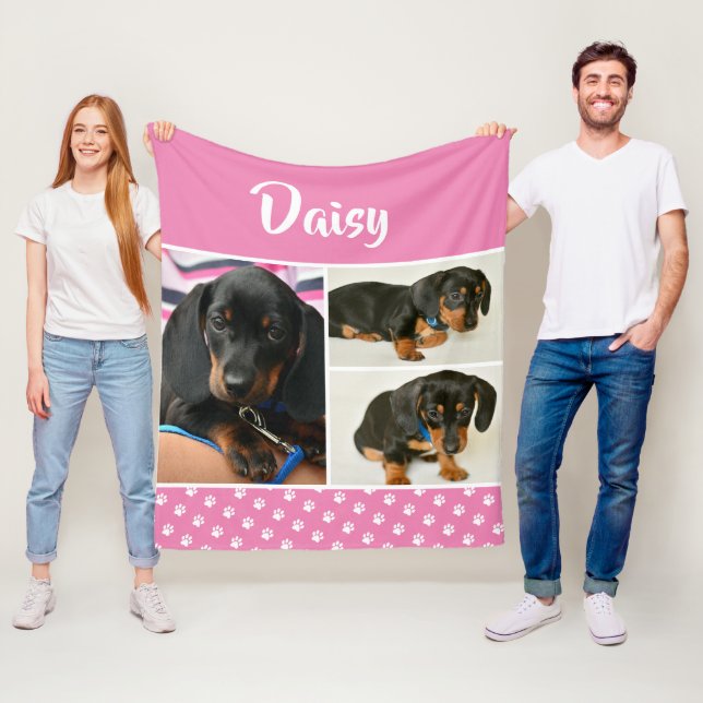 Cute Photo Collage Pet Dog Name Fleece Blanket (In Situ)