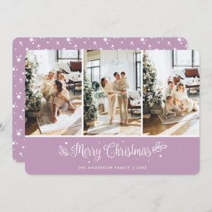 Cute Photo Collage Stars Lilac Merry Christmas Holiday Card