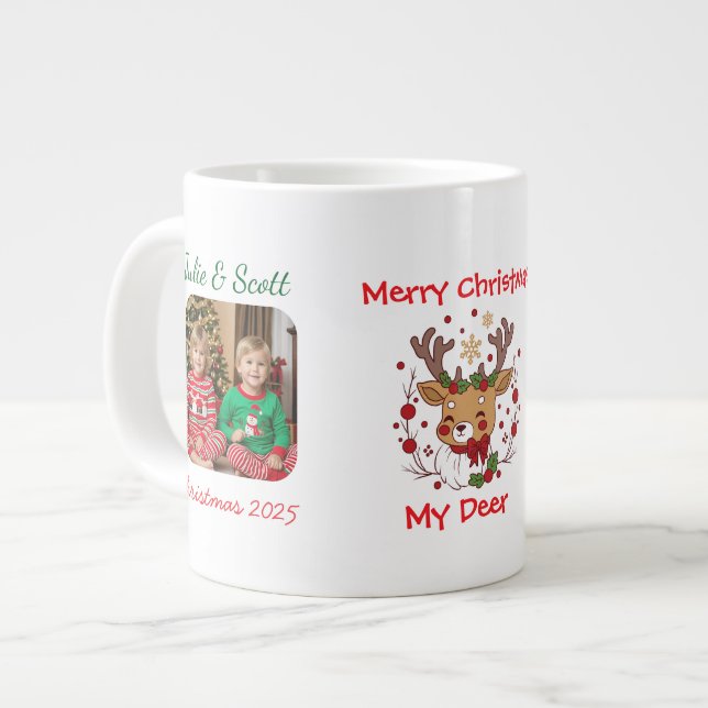 Cute Photo family with  DEER Green Personalise Large Coffee Mug (Front Left)