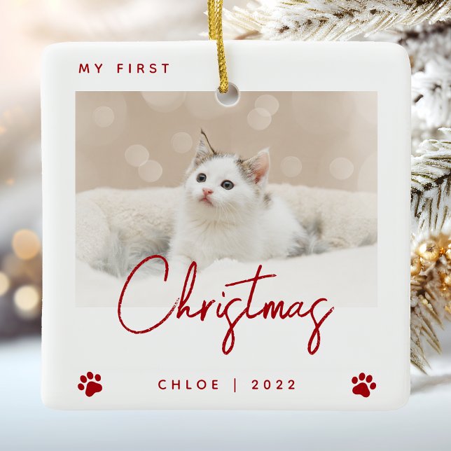 Cute Photo Kitten 1st Christmas Paw Prints Red Ceramic Ornament (Creator Uploaded)