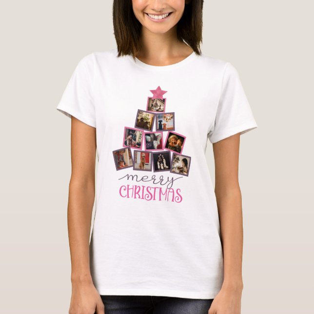 Cute Photo Merry Christmas Pink Christmas T-Shirt (Front)