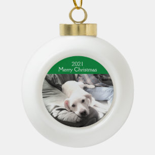 Cute Photo of White Puppy Dog With Dad Green Ceramic Ball Christmas Ornament