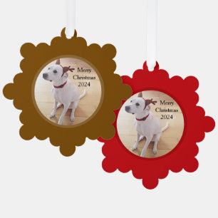 Cute Photo of White Reindeer Dog Wearing Antlers Tree Decoration Card