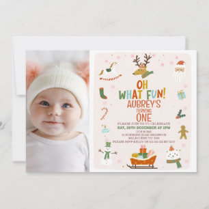 Cute Photo Oh What Fun Christmas 1st Birthday Invitation