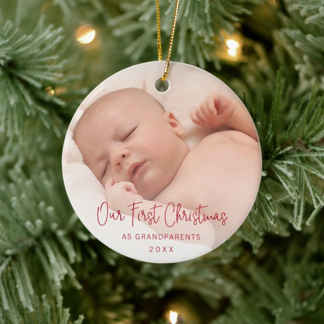 Cute Photo Our First Christmas as Grandparents Ceramic Ornament (Tree)